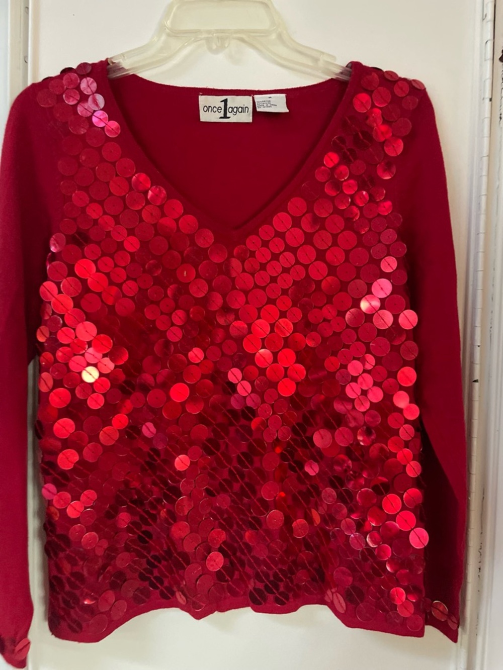 Once Again Red Sequin V-Neck Sweater size M - Picture 2 of 6
